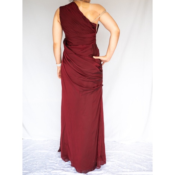 Adrianna Papell Burgundy One Shoulder Sleeveless Beaded Ruched Long Prom Dress - Picture 3 of 12